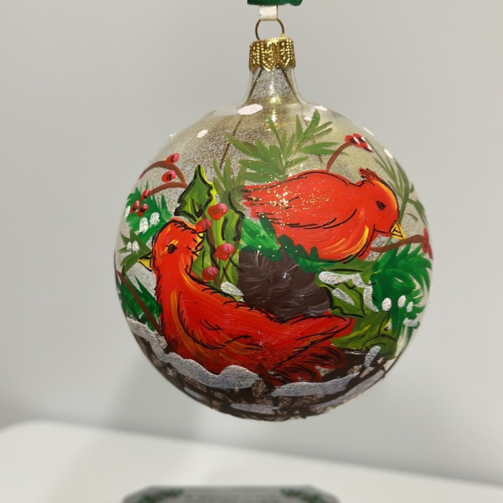 Italian mouth-blown Christmas tree ornament Cardinal birds hand painted